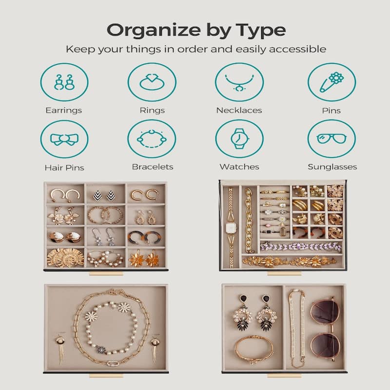 Modern Jewelry Organizer with Multiple Drawers Glass Top and Velvet Interior for Storage