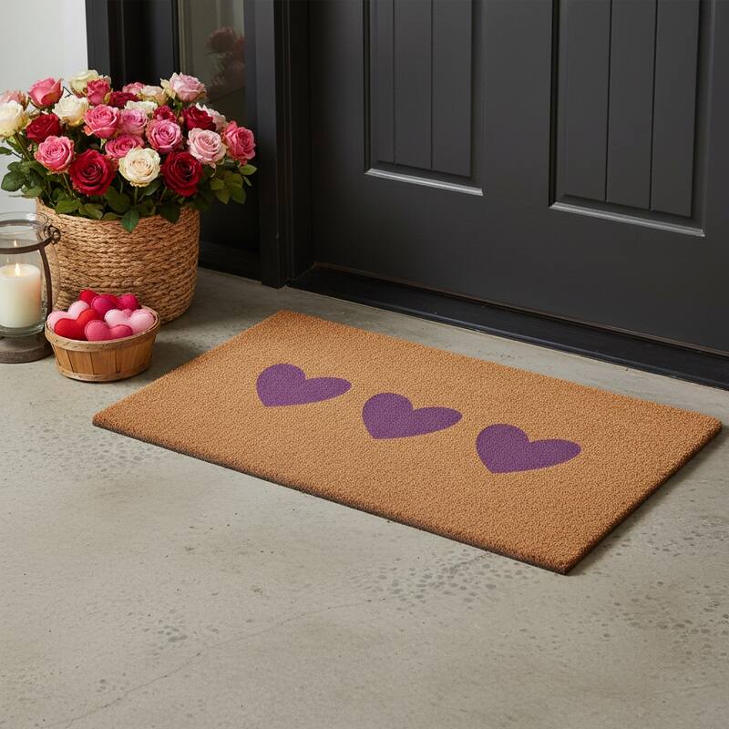 HomeRoots 24" X 36" Brown And Pink Three Hearts Outdoor Coir Door Mat - 24.00' X '36.00 - 24.00' X '36.00