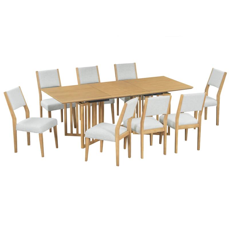 Solid Wood Farmhouse Dining Set: 83.9" Extendable Table with 2 Removable Leaves & 8 Comfortable Upholstered Chairs