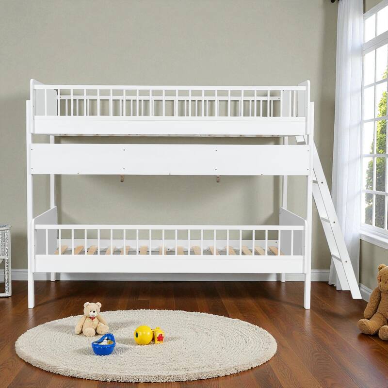 Twin over Twin Wooden Bunk Bed with 3 Storage Shelves, Reversible Ladder, Safety Guardrails and No Box Spring Needed