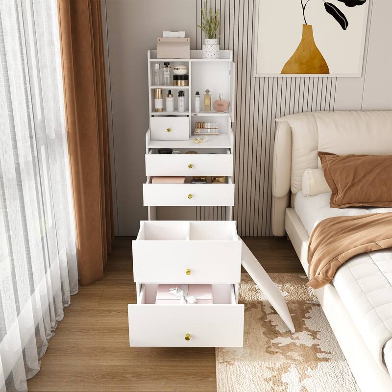 3-in-1 Dressing Table with LED Mirror & Storage Stool - Compact Makeup Vanity with 4 Drawers, Storage Cabinet & Hidden Stool - White