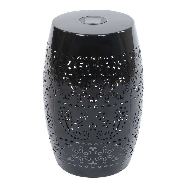 Sola Side Table, Solar Powered Light, 18 Inch Barrel Shaped Black Iron