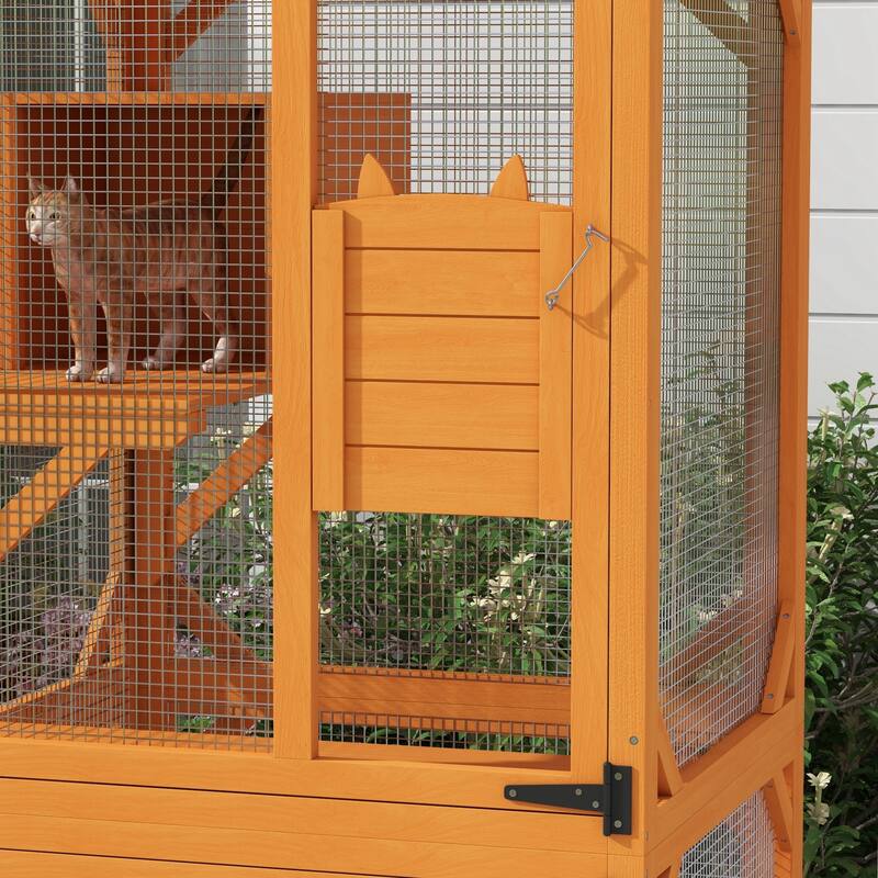 PawHut Large Cat House with High-Up Resting Box, 71" Wooden Catio with Asphalt Roof, Indoor & Outdoor Cat Enclosure on Wheels