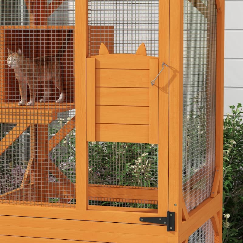 PawHut Wooden Catio with Waterproof Roof, Large Cat House with High-Up Resting Box, Indoor & Outdoor Cat Enclosure with Wheels