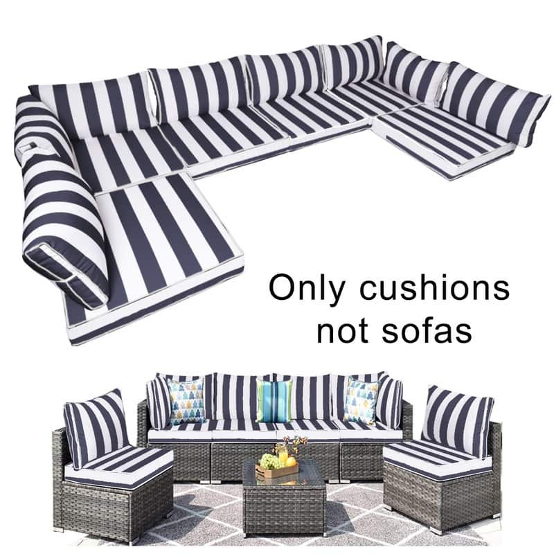 14pcs Outdoor Couch Cushions,4" Waterproof Sectional Rattan Conversation Set Cushions(Only Cushions+Covers,No Sofa) - 14PCS - Navy blue and white stripes