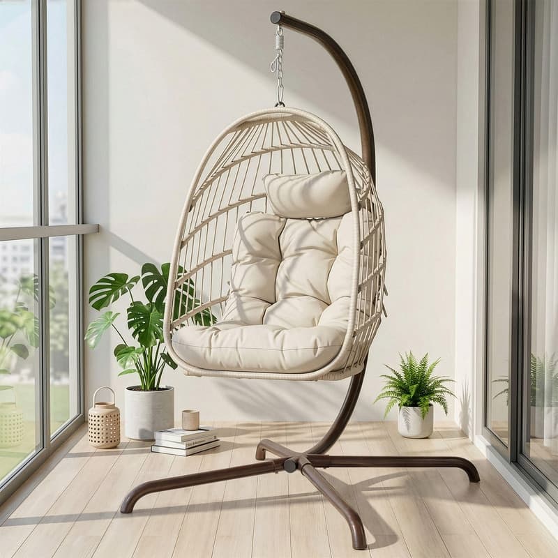 Oversized 1-Person Foldable Hanging Egg Chair - Wicker Swing Chair with Stand, Portable for Indoor Outdoor Patio