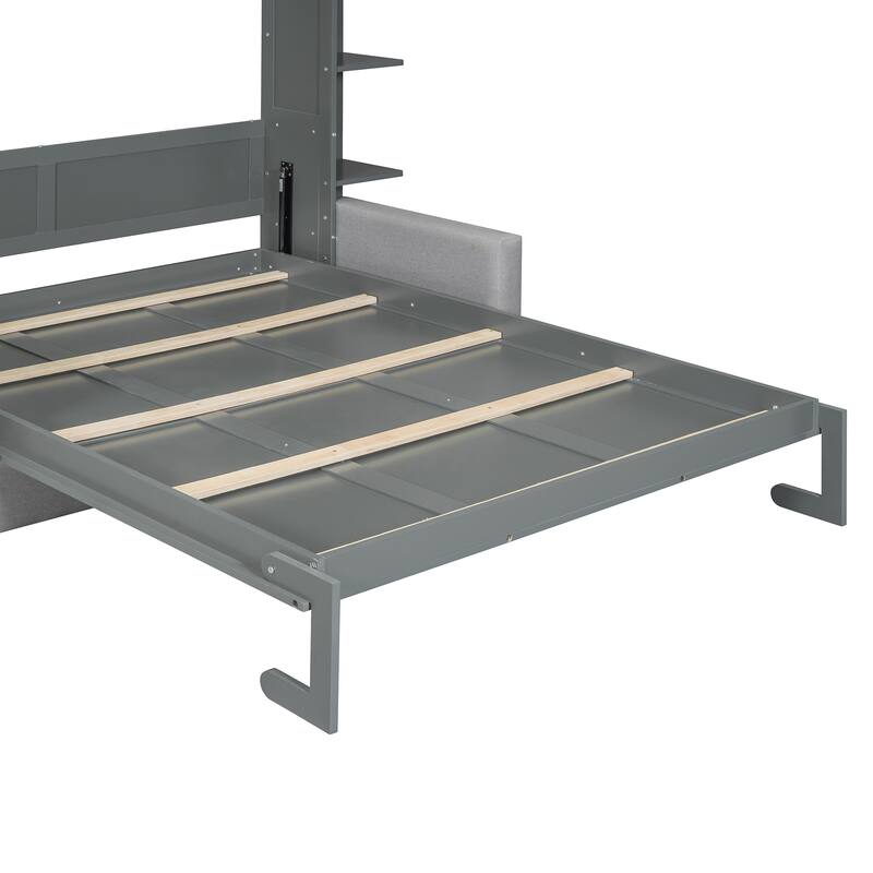 Queen Size Murphy Bed Sofa Sleep Storage 3 in 1 Folding Bed Multi-Functional LED Wall Bed for Studio Guest Room Sofa w/ Cushion