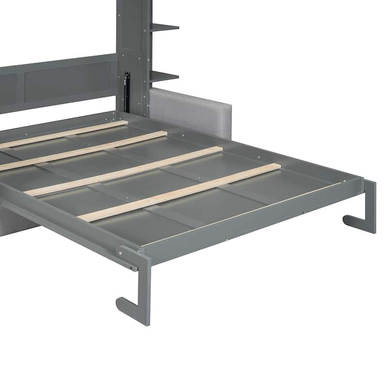 Space-Saving Queen Size Murphy Wall Bed with Sofa and Storage Shelves, LED Lights, and Foldable Cushions
