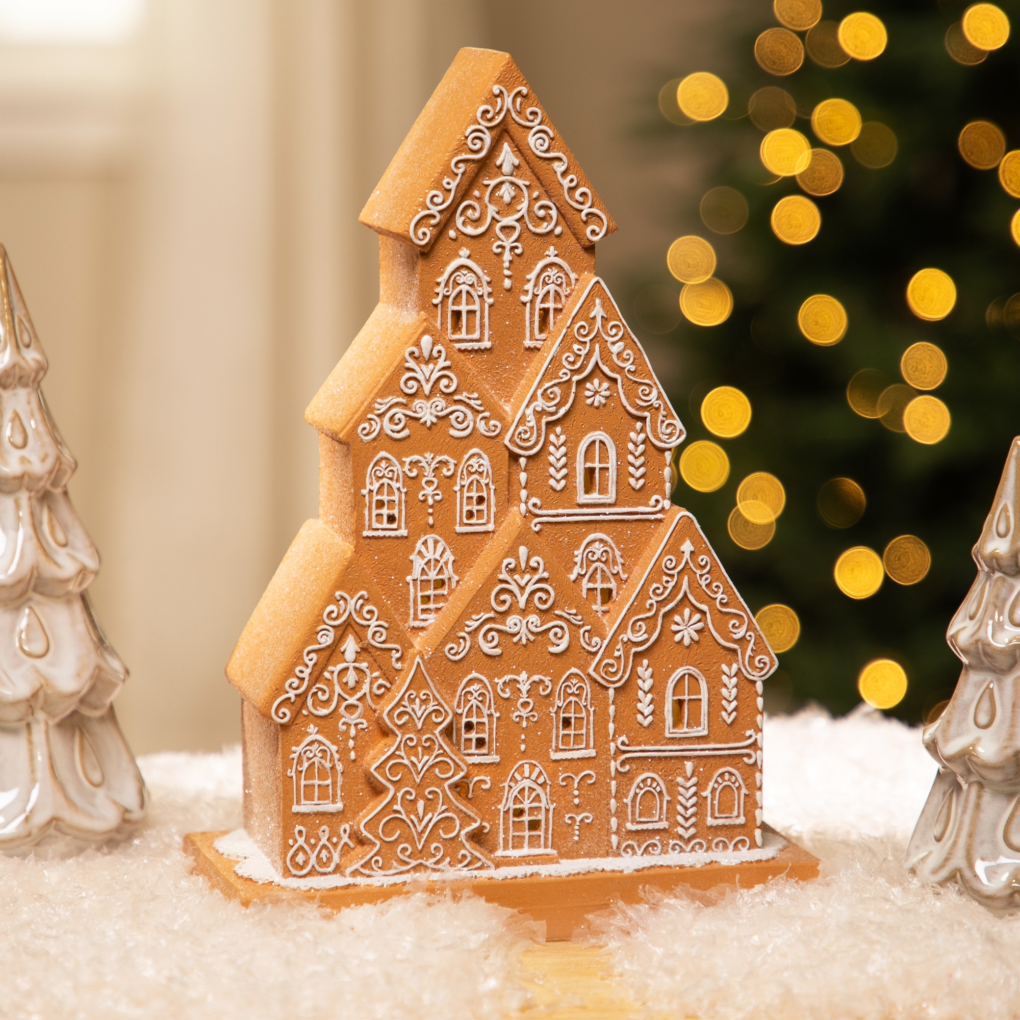 Lighted Scroll Stacked Houses Gingerbread Village Christmas Decoration - 10.25"