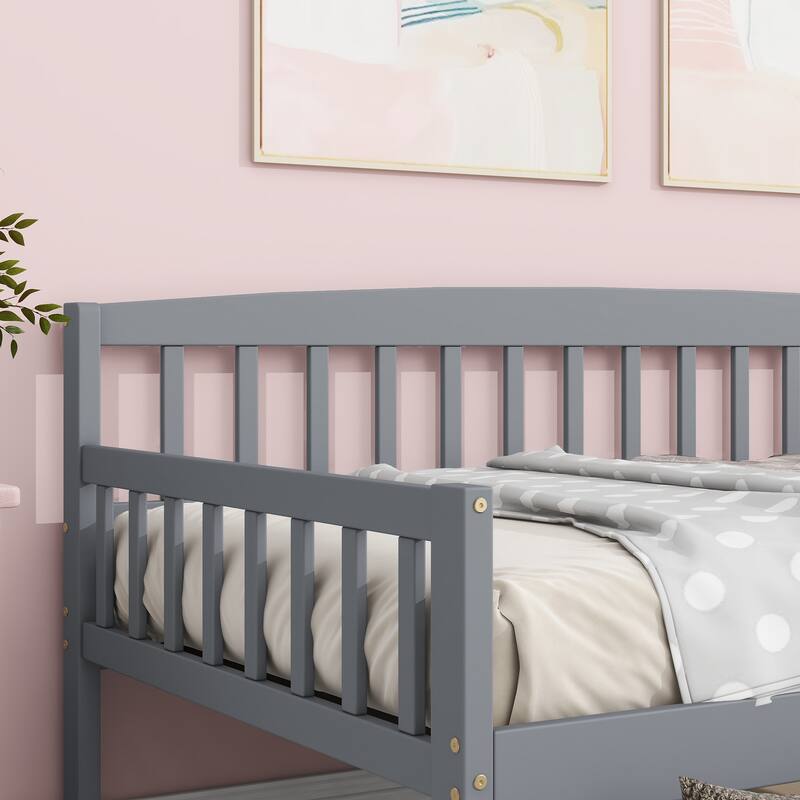 Kids Daybed Wood Sofa Bed with Pull-out Storage Drawers Twin Size Platform Storage Bed with Headboard Footboard Guardrails