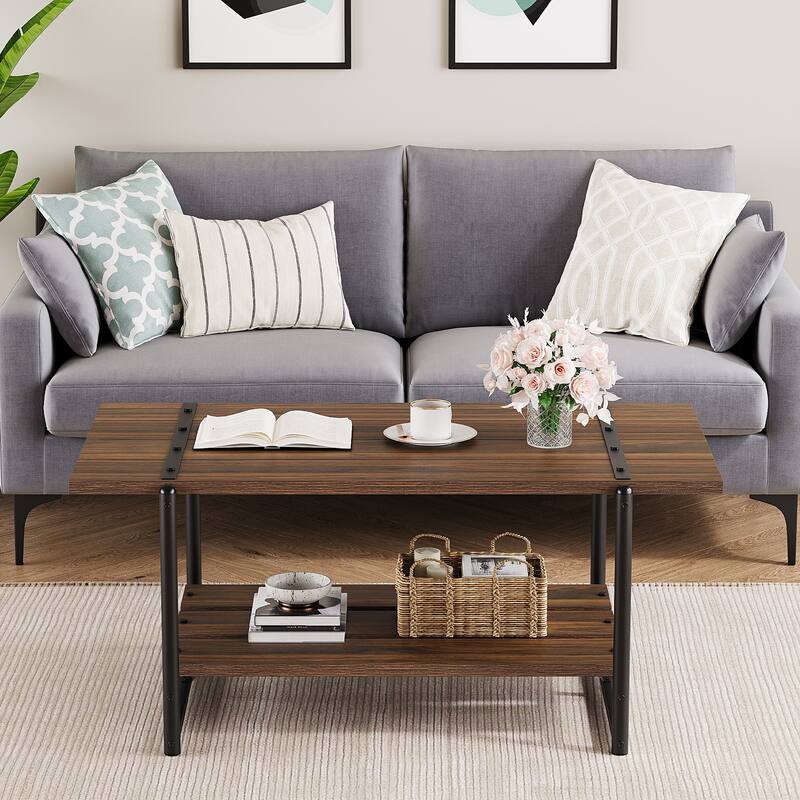 2-Tier Farmhouse 41'' Large Gray Wood Coffee Table
