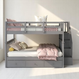 Full Over Full Bunk Bed with Storage Staircase and Shelves, Convertible Design, No Box Spring Needed,kid beds