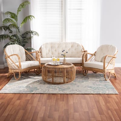 Aliane Modern Bohemian Natural Brown Antique Rattan 4-Piece Living Room Set