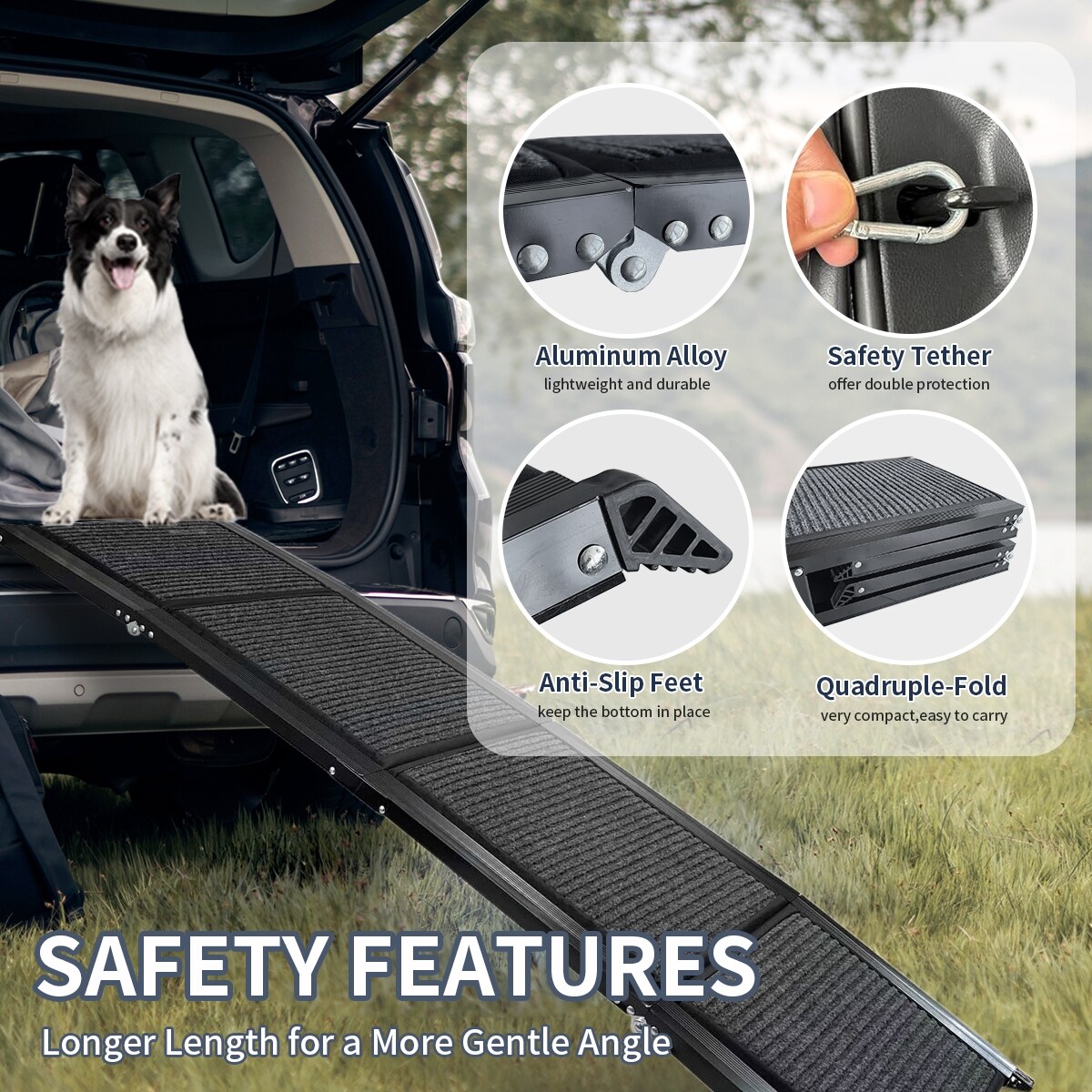 71" Foldable Dog Ramp For Cars & SUVs - 300lb Capacity With Non-Slip Surface