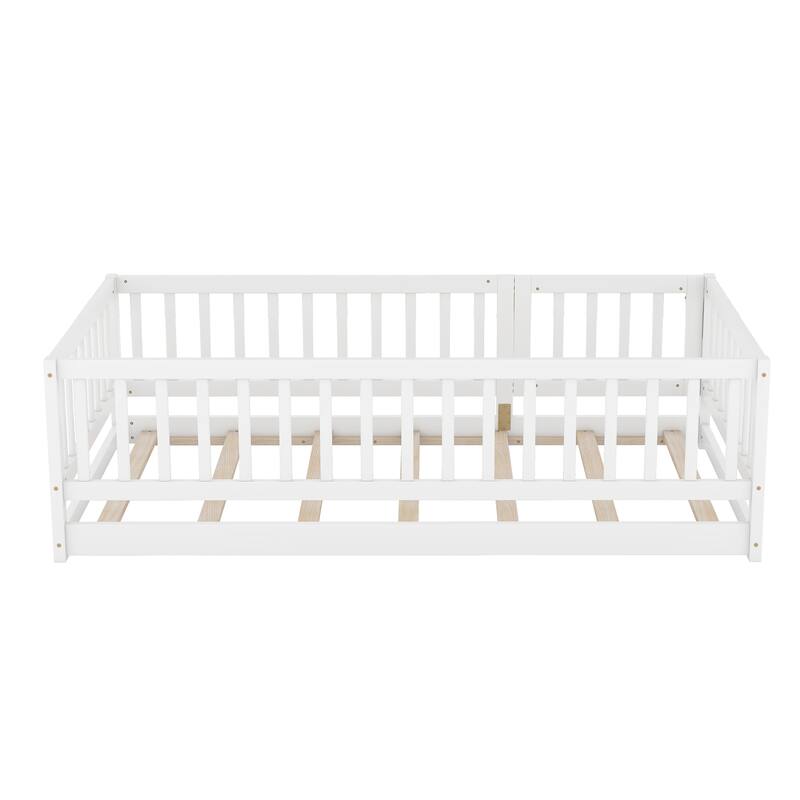 Kids Montessori Floor Bed for Kids, Girls, Boys, Solid Wood Floor Bed Frame with Fence and Door, No Box Spring Needed