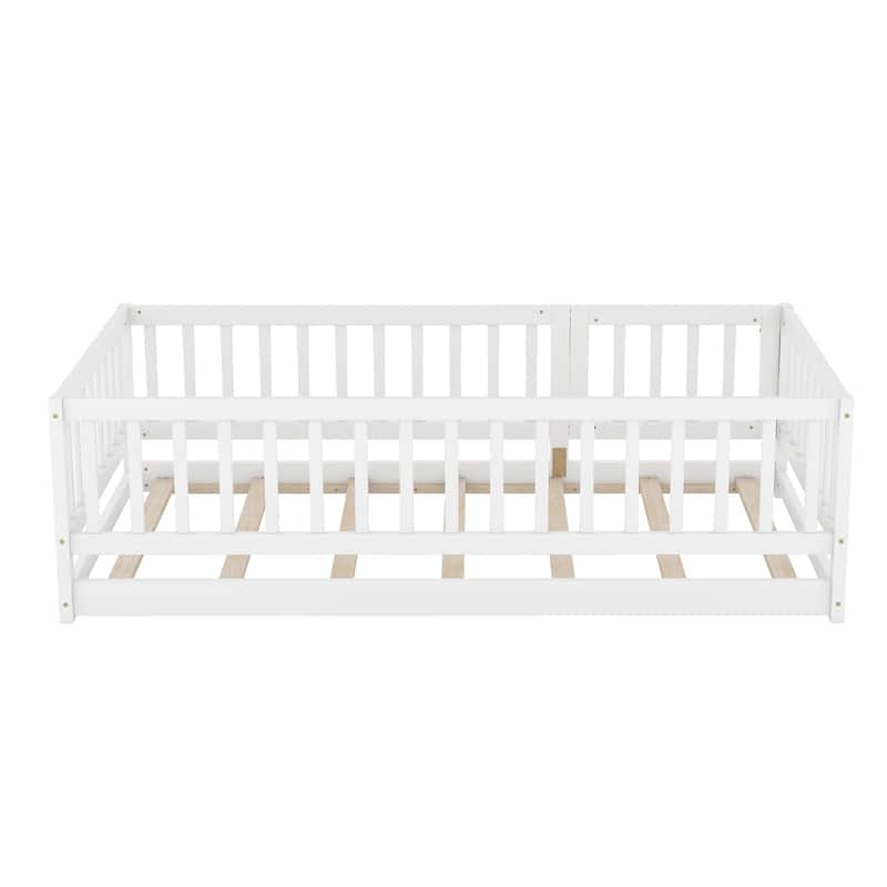 Twin Size Montessori Floor Bed with Safety Fence & Door - Pine Wood Frame