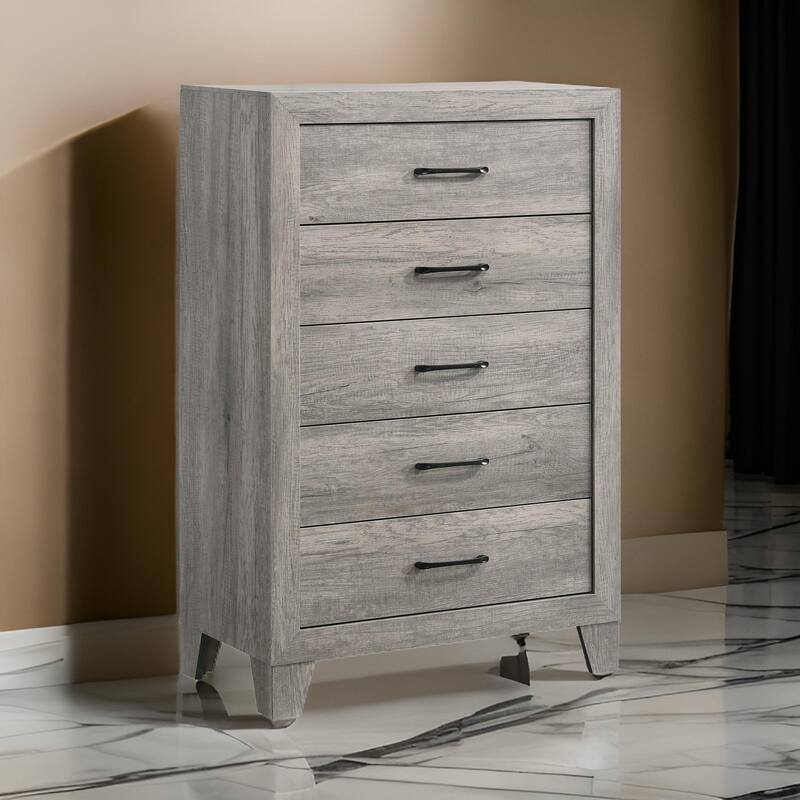 Isha 48 Inch 5 Drawer Tall Dresser Chest with Metal Handles, Driftwood Gray