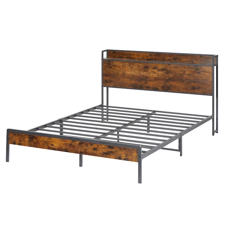Queen Size Metal and Wood Charging Platform Bed