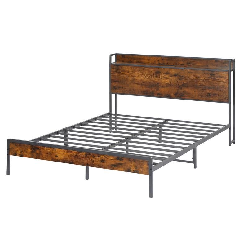 Platform Bed with 2 USB Ports, Power Outlets, and Storage Headboard - 1000 LB Capacity.