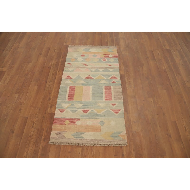 Hand Woven Oriental 100% Wool Carpet Southwestern Geometric Multi-Colored Kilim Area Rug - 4' 1'' X 2' 0''