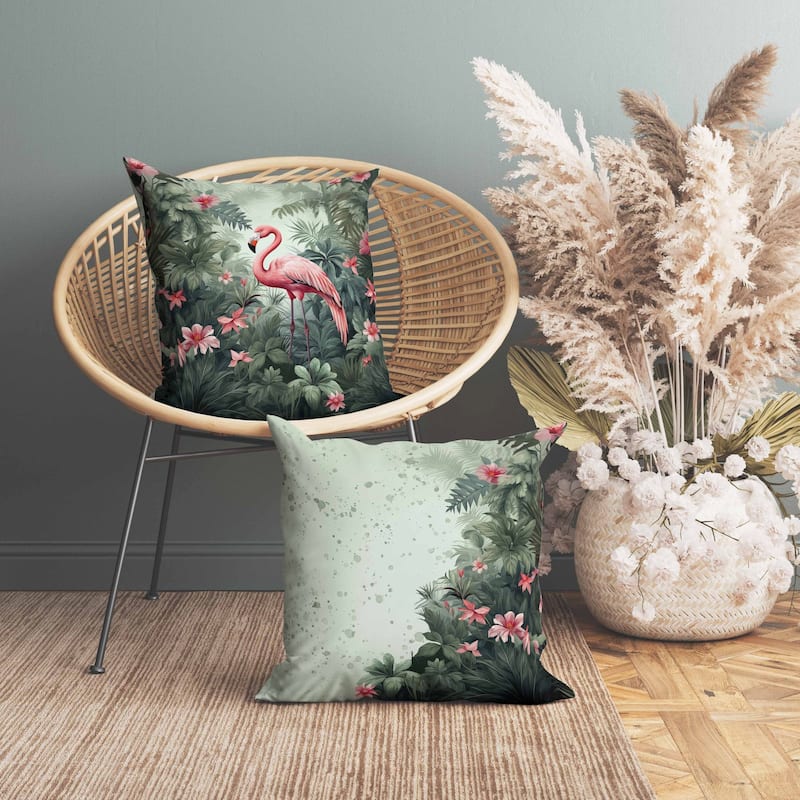 Tropical Flamingo Haven Indoor/Outdoor Reversible Throw Pillow Green and Pink