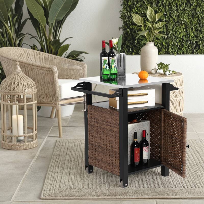 Single door bar cart, Kitchen Wicker Island Rolling Cart & Storage Cabinet, Wheels and Stainless Steel Extended Table Top - Brown