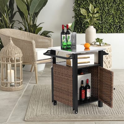 Single door bar cart, Kitchen Wicker Island Rolling Cart & Storage Cabinet, Wheels and Stainless Steel Extended Table Top