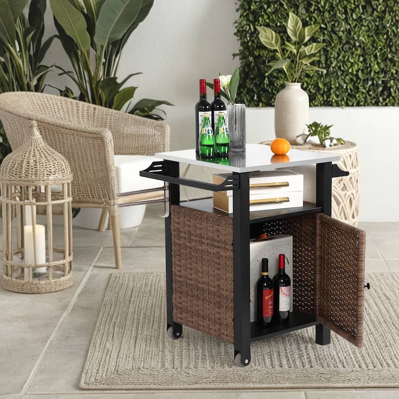 Single door bar cart,Outdoor Kitchen Wicker Island Rolling cart & Storage Cabinet, Wheels and Stainless Steel Extended Table Top