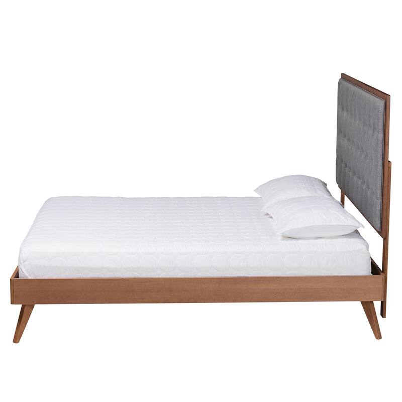 Dericia Classic and Traditional Grey Fabric and Walnut Brown Finished Wood Platform Bed