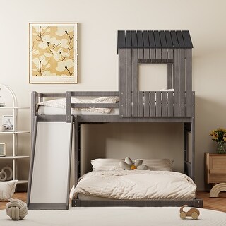 Wood Twin over Full Bunk Kids Bed,Loft Bed with Playhouse,Guardrails