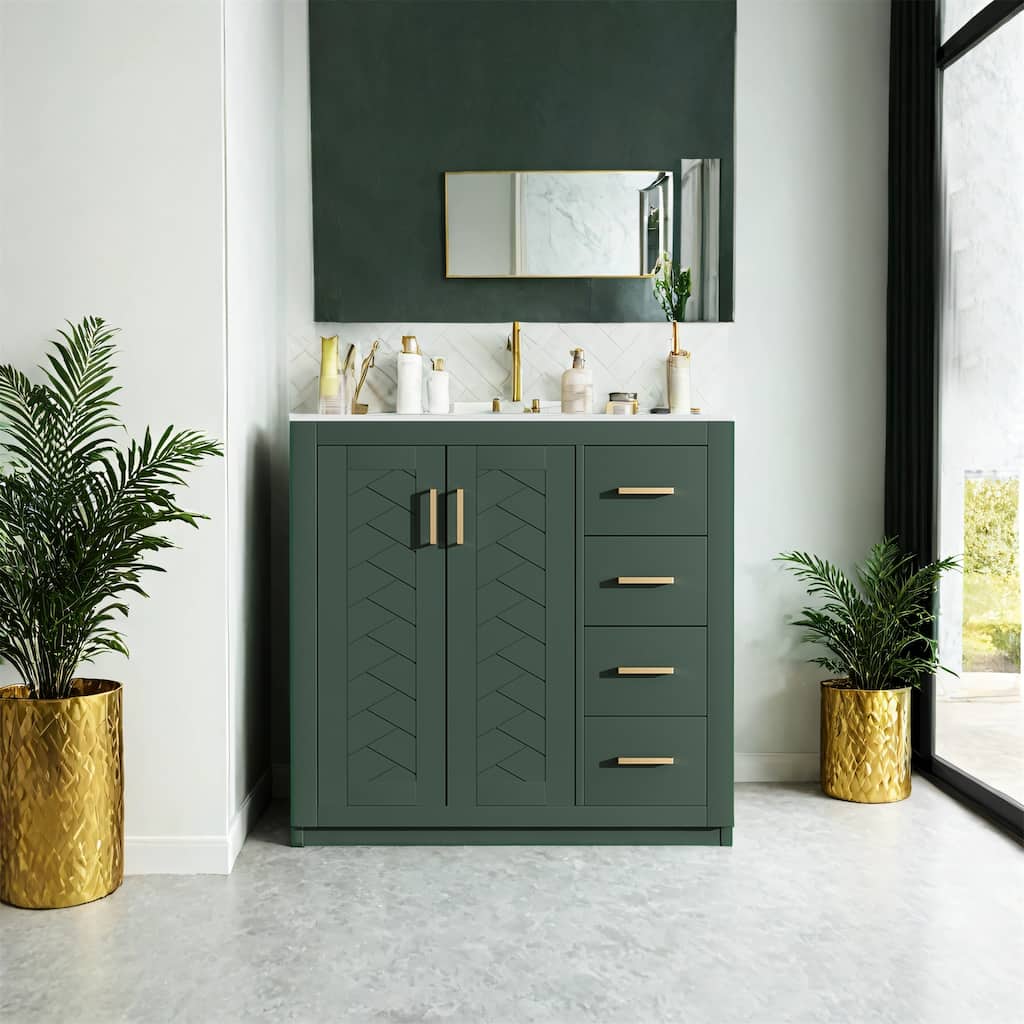 36" Bathroom Vanity with Ceramic Sink, Solid Wood Storage Cabinet, Freestanding 3-Drawer Vanity Set, Soft-Close Doors