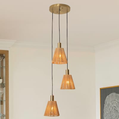 15" W Brass 3-Light Kitchen Island Pendant Light with Paper Rope Shades