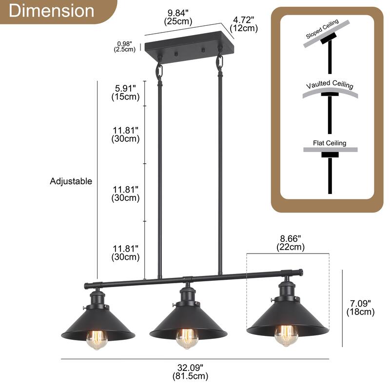 Starsky 3-Ligh Mid-Century Modern Cone Linear Kitchen Island Chandelier