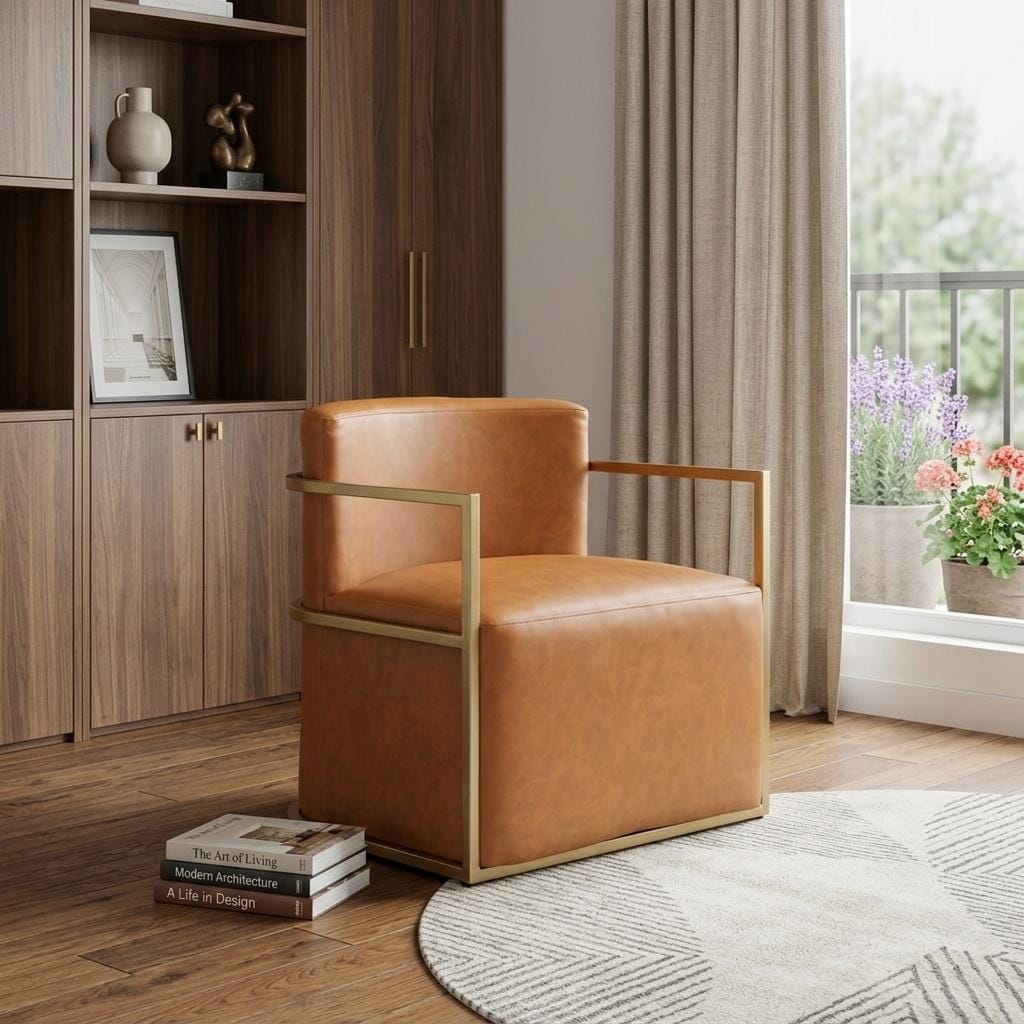 HomeRoots 27" Brown And Gold Faux Leather And Faux Leather Arm Chair - 26.80 in. x 28.30 in. x 25.60 in.
