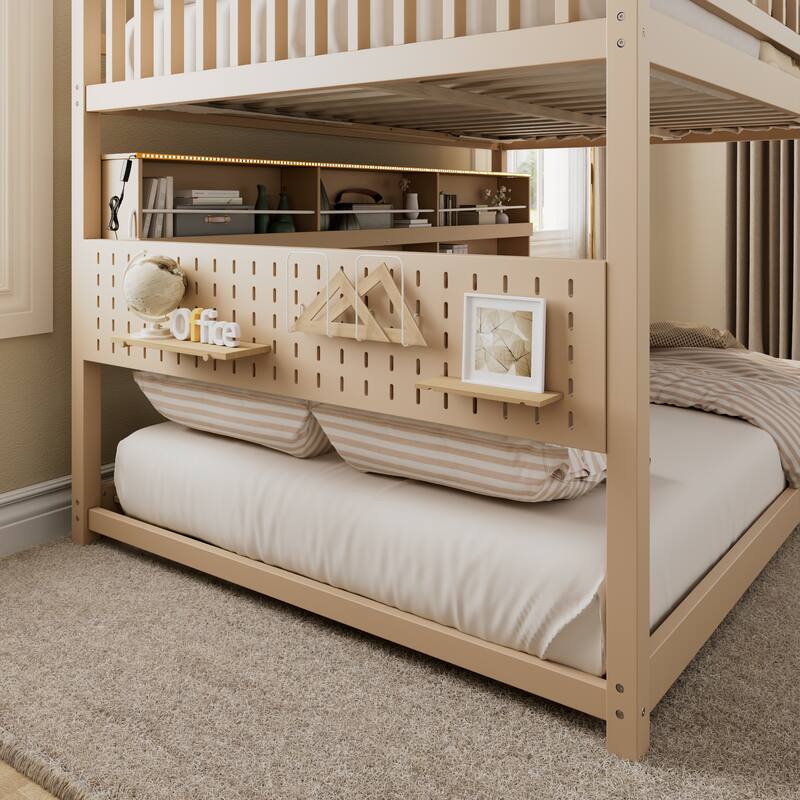 Wooden Full Over Full Bunk Bed Frame for Kids with Integrated Shelving, Light Strip, Pegboard, Full-Length Guardrails and Ladder