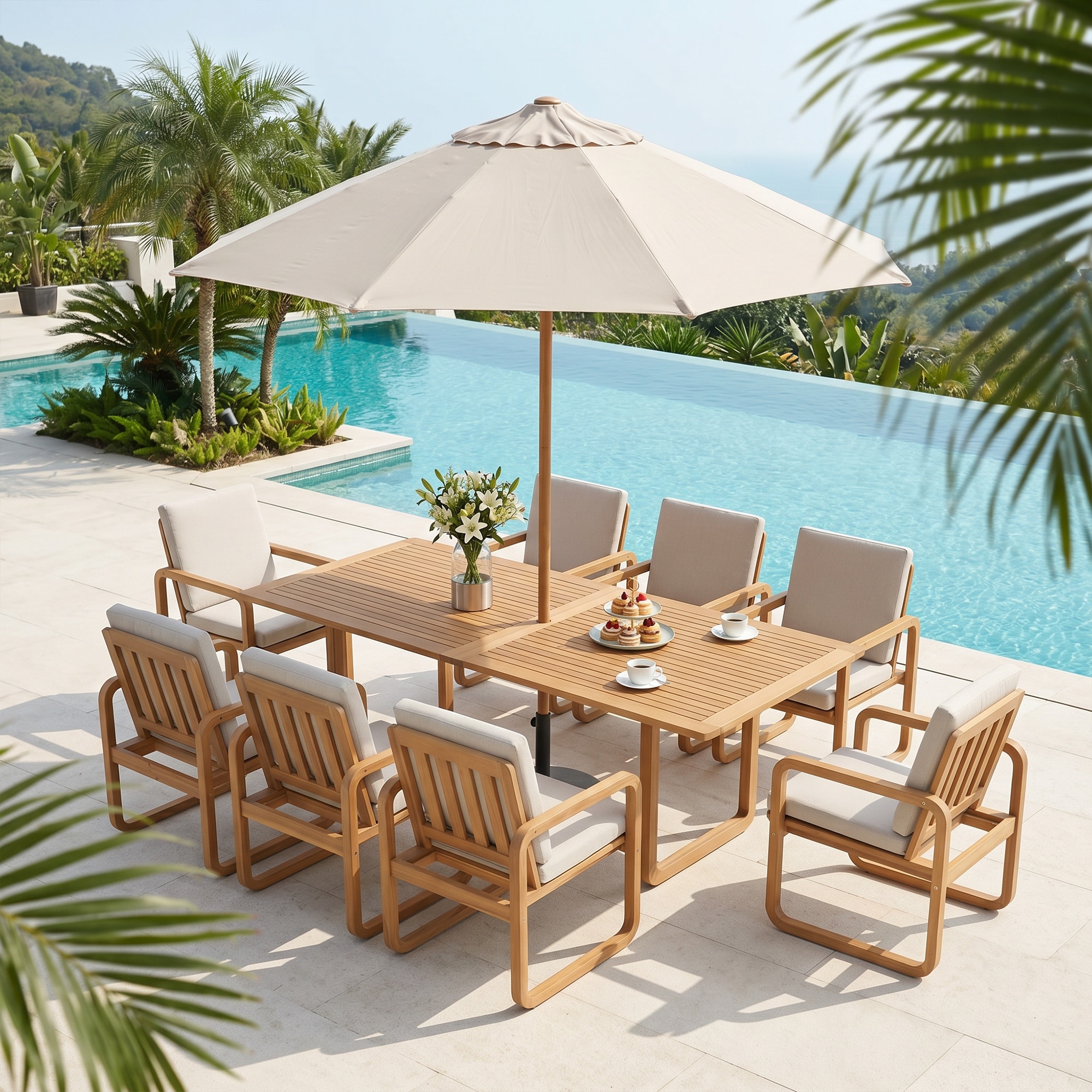 9pc teak patio table dining sets with umbrella furniture Anderson Sahara Side Chair 9-Pieces Oval Dining Set-76 adding great practicality to outdoor dining 9-Piece Patio Dining Set with