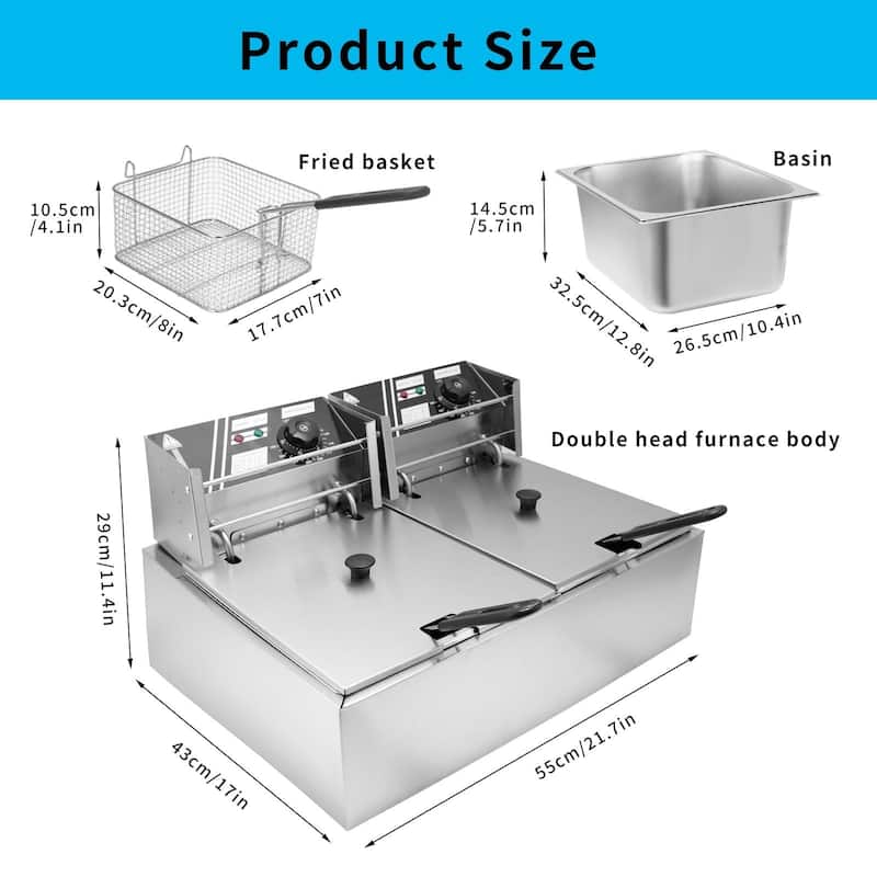 6.3QT/12.7QT Stainless Steel Single/Double Cylinder Electric Fryer Tabletop Restaurant Frying Basket(2500W/5000W)