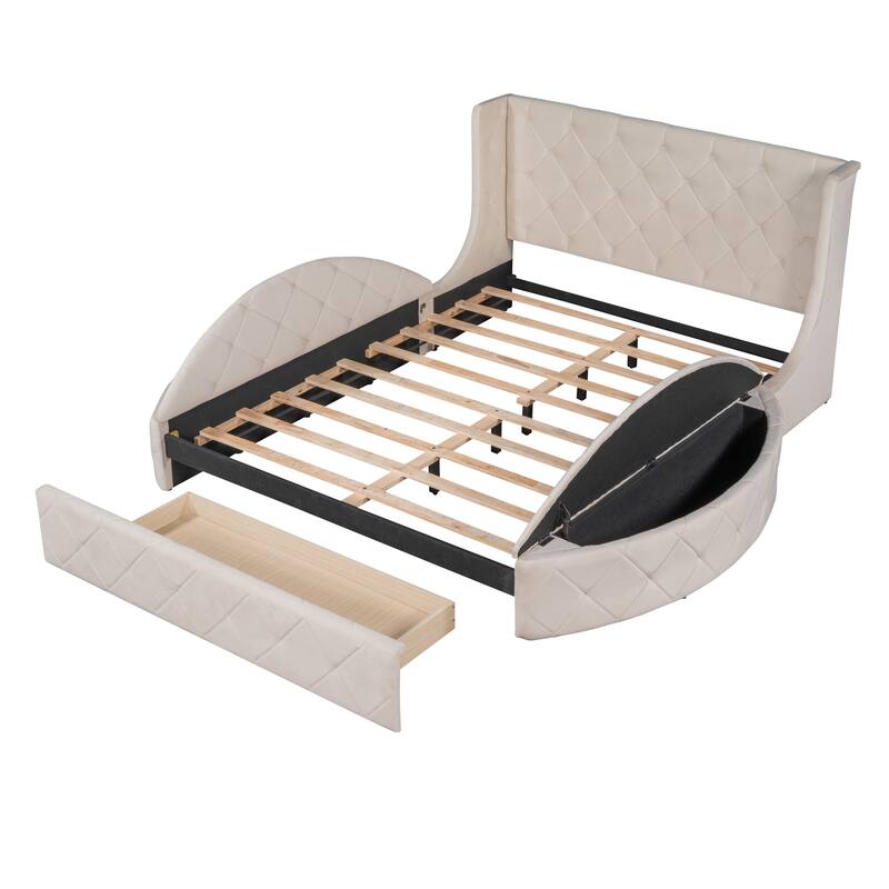 Upholstered Platform Bed Storage Velvet Bed with Wingback Headboard and 1 Big Drawer,2 Side Storage Stool