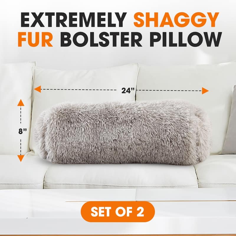 Cheer Collection 8" x 24" Set of 2 Shaggy Long Hair Bolster Pillows