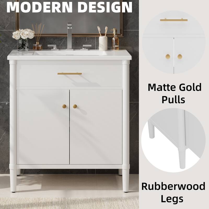 31 Inch Bathroom Vanity with Sink Soft Close Doors Adjustable Shelf Rubber Wood Legs, Curved Profile Design