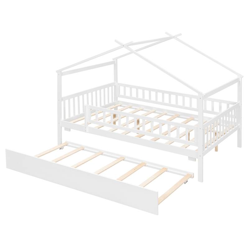 Roomfitters Full Size Wooden House Bed with Twin Trundle and Roof Frame Pine