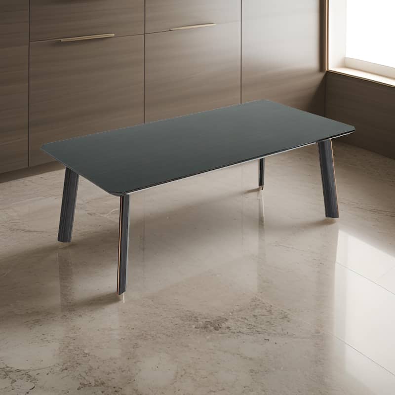 Chad 87 Inch Dining Table, Rectangular, Rose Gold Steel Edge, Black Wood