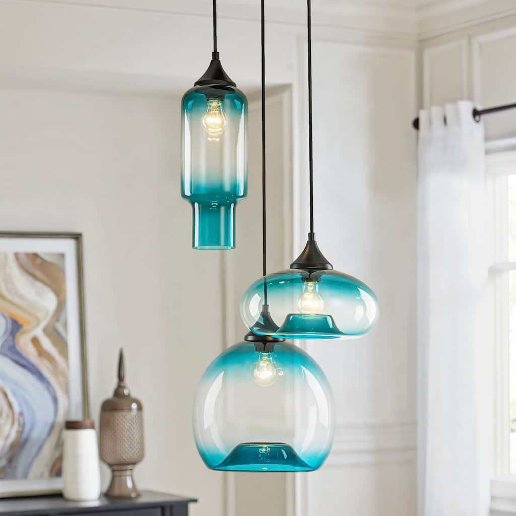 3-Light Modern Black Cluster Pendant Light Gradient Blue Glass Kitchen Island Lighting, Dining Room Ceiling Light