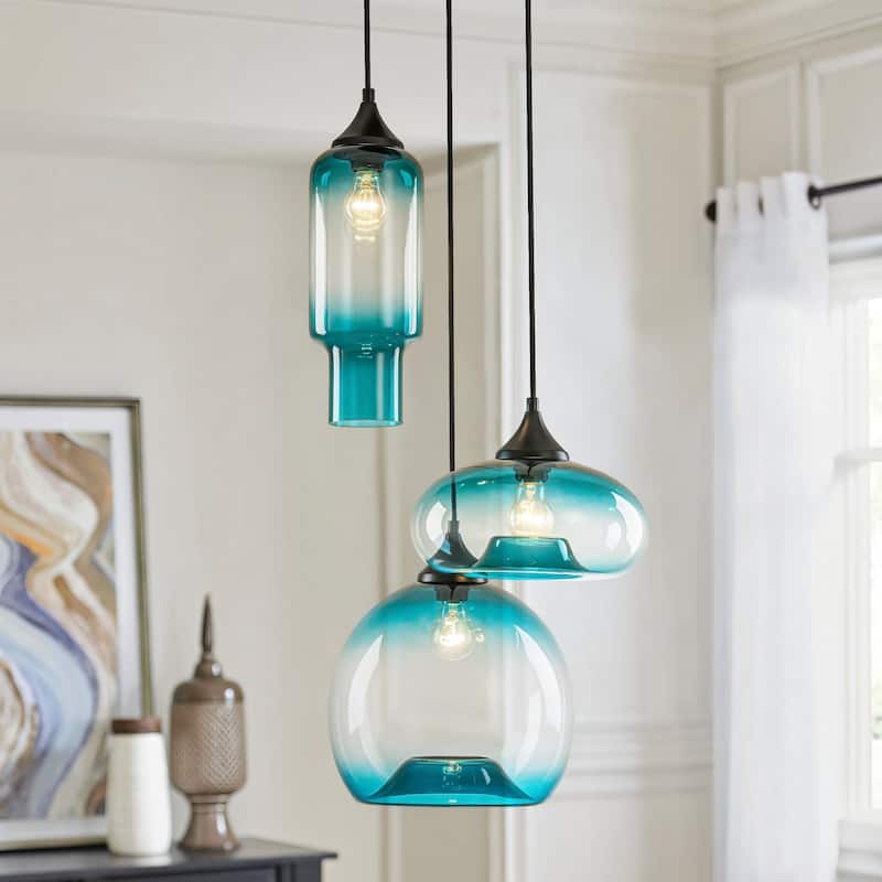 3-Light Modern Black Cluster Pendant Light Gradient Blue Glass Kitchen Island Lighting, Dining Room Ceiling Light - 16.54 in. W x 33.46 in. H - Black
