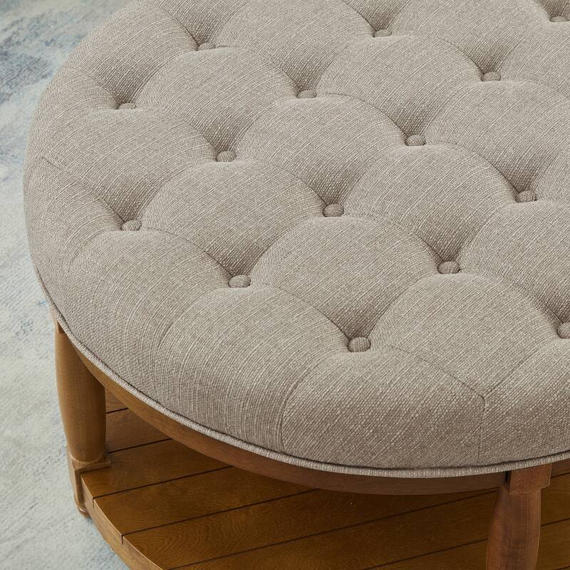 Large Round Tufted Linen Ottoman Coffee Table with Wood Shelf Storage - Linen Beige
