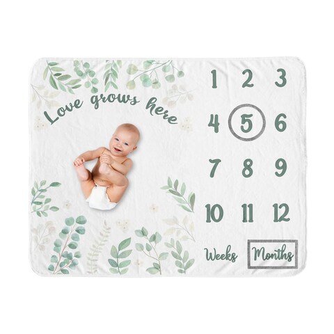Floral Leaf Collection Boy Girl Baby Monthly Milestone Blanket - Green White Boho Watercolor Botanical Woodland Tropical Garden