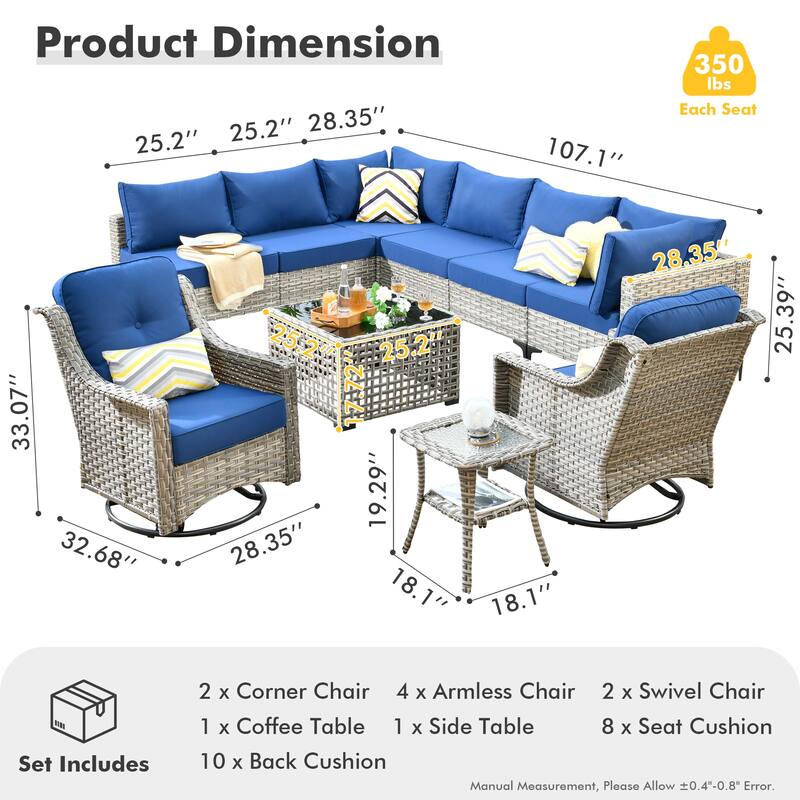HOOOWOOO 10-piece Wicker Patio Furniture Set Sectional Sofa with Swivel Chair