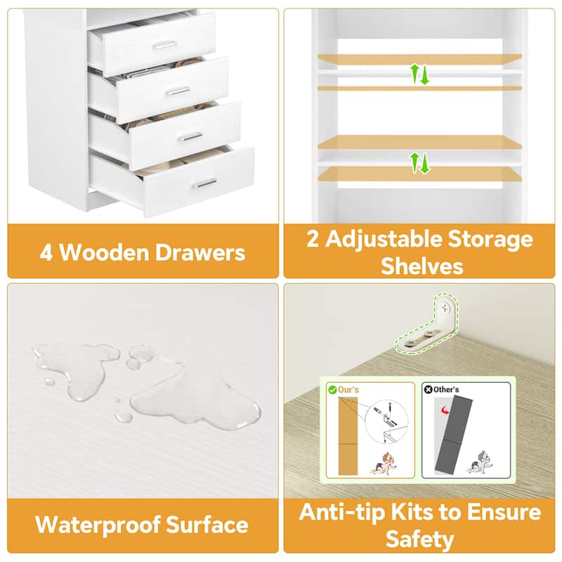 Freestanding Closet Organizer with 4 Drawers and 4 Shelves, Wooden Closet System for Walk-in Closet