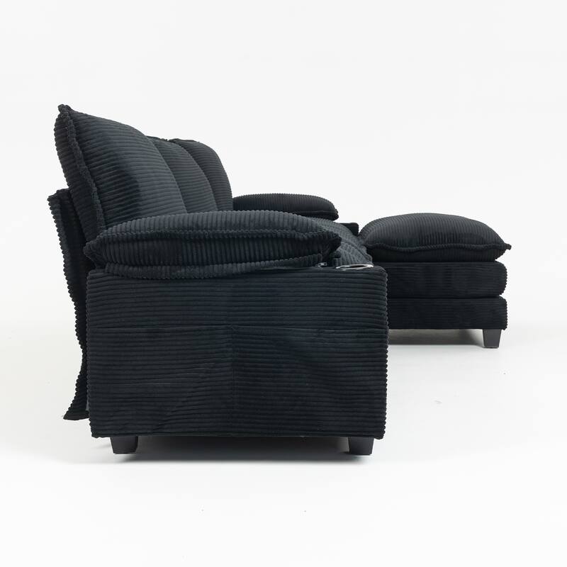 113" L Shaped Sectional Sofa, Deep Seat Cloud Couch with Ottoman, Oversized Corduroy Couch with Cup Holders, Storage Bags