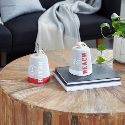 Gray Cement Stone Door Stopper Buoy Decorative Sculpture with Rope Accents (Set of 2) - 4 x 4 x 9